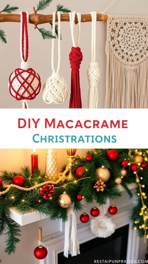 A collection of DIY macrame Christmas decorations including ornaments, garlands, and wall hangings in festive colors.